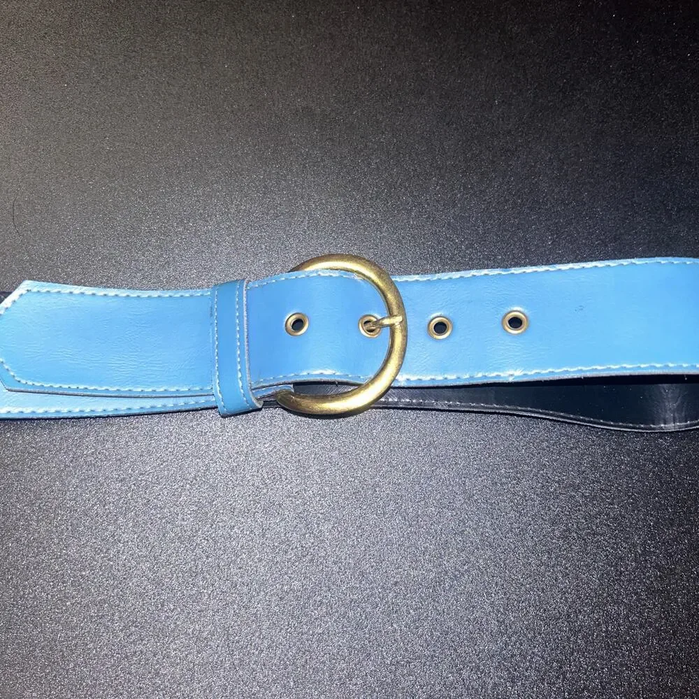 Blue Faux Leather Gold-Tone Hardware Adjustable Belt Women's Size 14